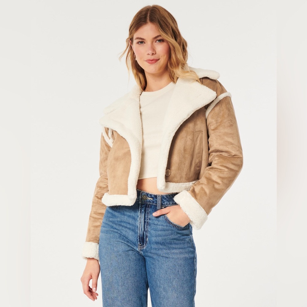 Hollister Sherpa-Lined Faux Suede Crop Biker Jacket